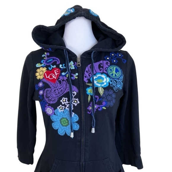 INC Y2K Ed Hardy Style Peace & Love Hippie Floral Embroidery Hoodie Black S - Picture 3 of 16